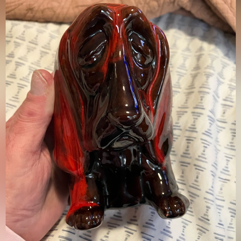 Vintage Canuck Pottery Basset Hound Dog With Red Drip Glaze Coin Bank